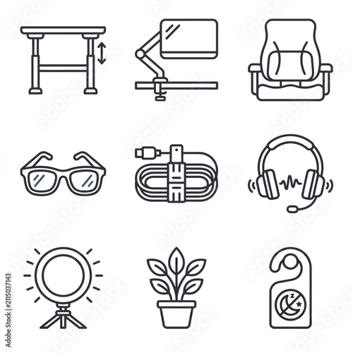 Set of thin line icons for home office setup and remote work equipment and accessories