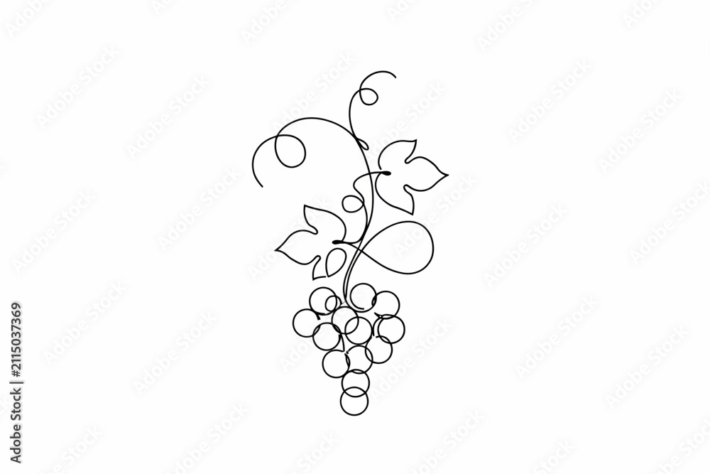 Obraz premium Minimalist botanical drawing featuring a cluster of grapes and curling vine leaves in a continuous line art style isolated on a plain white background