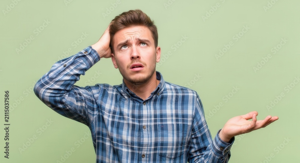 Fototapeta premium Confused Young Man Scratching Head and Looking Up with Puzzled Expression on Green Background