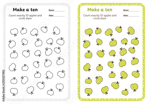 Make a ten math worksheet with green apples