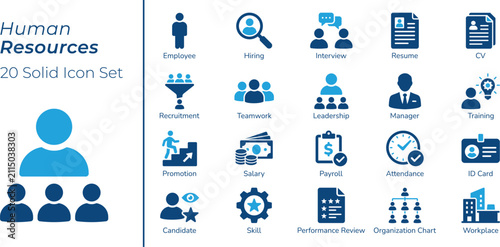 Human Resources Icon Set, Employee, Hiring, Recruitment, Teamwork, Leadership, Payroll, Performance Review, Organization Chart, Solid Vector Icons