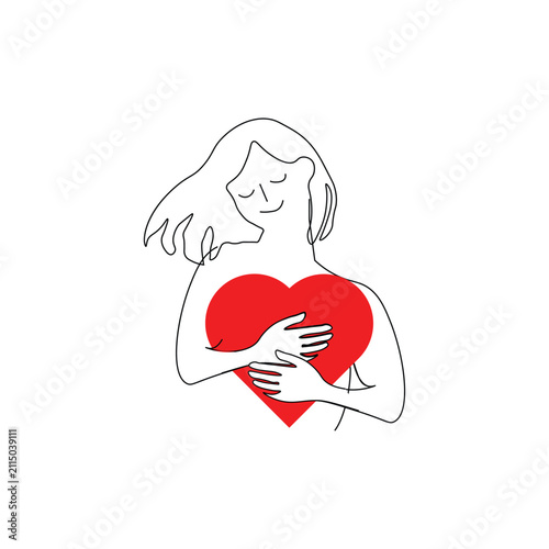 A girl with her eyes closed holds a red heart to her chest.