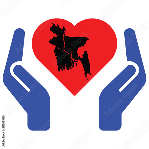 Hands, heart, and a map of Bangladesh. Protect your country