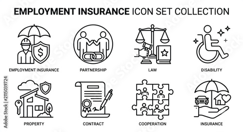 Black and white minimalist vector line art icon set collection featuring concepts of employment insurance, business partnership, law, disability, property coverage, legal contracts, team cooperation, 