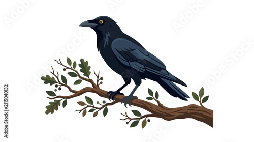 Obraz na płótnie Black crow with yellow eyes perches on a brown tree branch adorned with green leaves and small berries against a white background