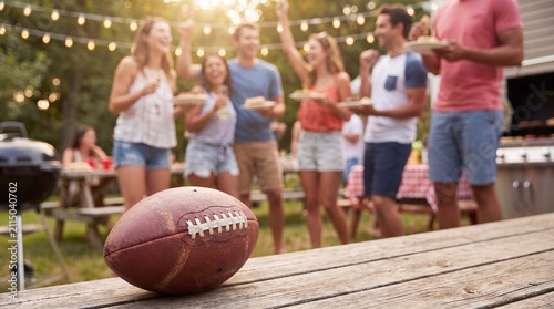 American football rests on a wooden deck during a backyard summer barbecue with friends