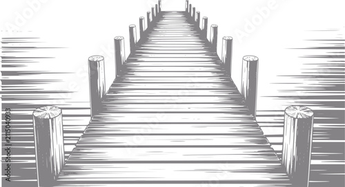 Bild auf Leinwand Dibujo a mano en blanco y negro de un muelle de madera que se extiende a lo lejo