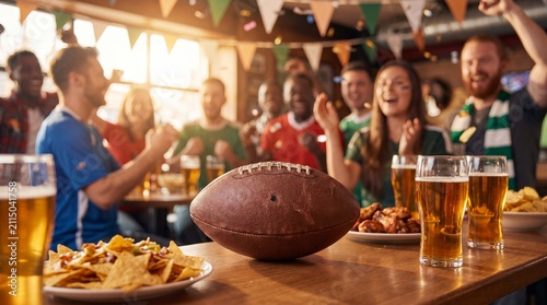 American football sits on a bar table surrounded by wings and drinks during a festive watch party