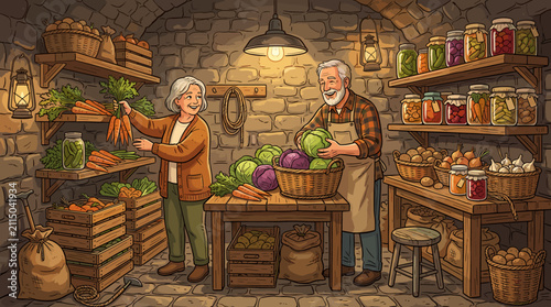 An elderly couple happily organizing a harvest of fresh vegetables and homemade canned goods in a cozy, rustic stone basement cellar. Illustration style.