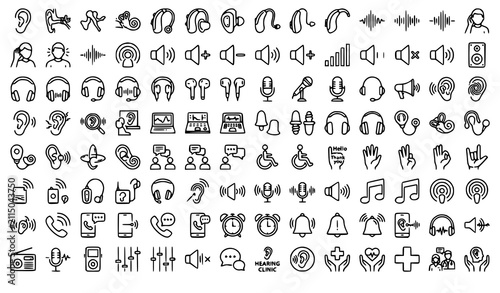 Фотография 100 Hearing Thin Line Icons Collection Editable Stroke Audiology Hearing Care Ve