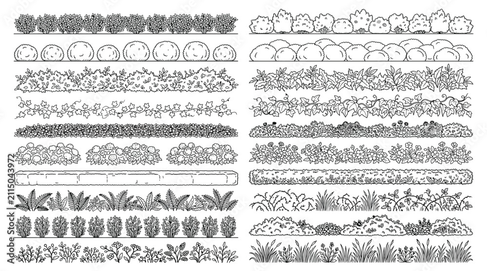 Fototapeta premium Set of different garden plants, bushes, hedges, flowers and grass borders
