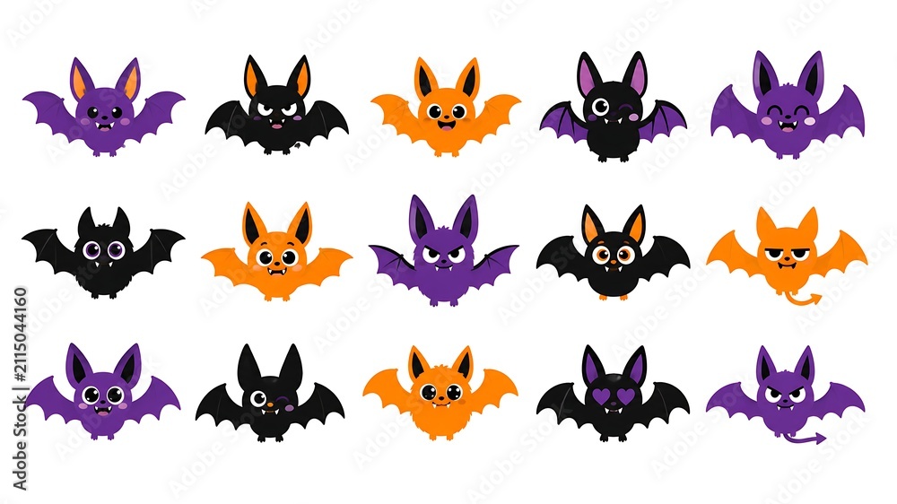 Fototapeta premium Set of cute cartoon halloween bats in purple orange and black colors with different facial expressions and poses isolated on white