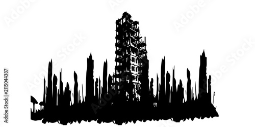 Bild auf Leinwand Black and white illustration of a destroyed building with rubble on white backgr