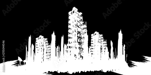 Bild auf Leinwand Black and white illustration of a destroyed building with rubble on white backgr