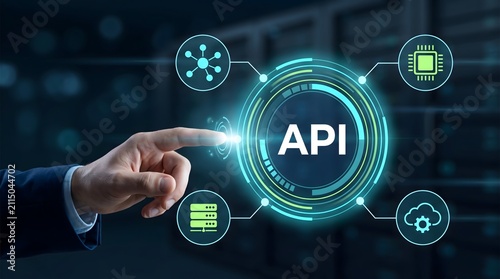 Application programming interface cloud software integration concept with executive hand pressing API glowing hologram button in data center