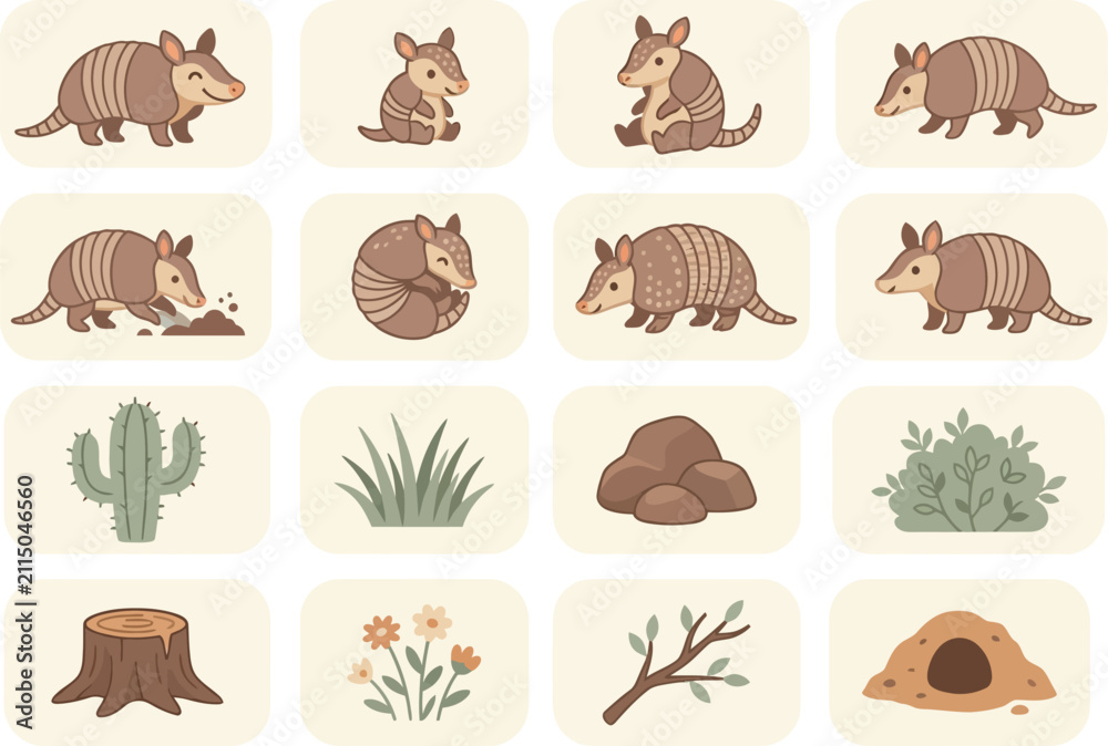 Obraz premium Set of cute armadillo character icons in flat vector style with desert nature elements for playful designs