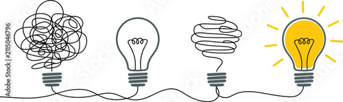Business problem solving concept with tangled and untangled line lightbulbs illustrating process simplification innovation and strategic thinking vector illustration
