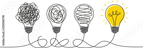 Fotografía Business problem solving concept with tangled and untangled line lightbulbs illu