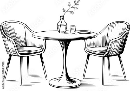 Quadro su tela Dibujo a mano de una mesa redonda de cafetería con dos sillas, un pequeño jarrón