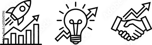 Business growth line icons set, startup rocket and financial success symbols, creative idea lightbulb and partnership handshake vector elements