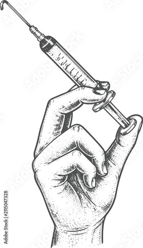 Vintage Medical Syringe in Hand Engraving Vector Illustration