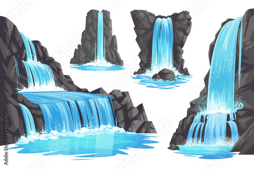 Colección de cascadas de dibujos animados con agua azul fluyendo y acantilados rocosos oscuros sobre fondo blanco