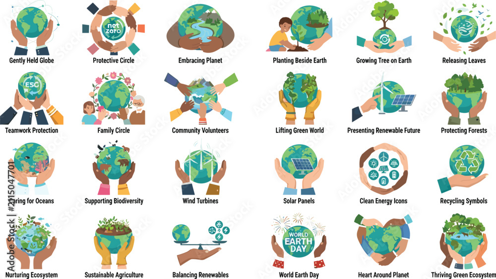 Fototapeta premium Earth Day and Environmental Conservation Illustration Collection Featuring Global Sustainability, Tree Planting, Renewable Energy, Recycling, Biodiversity, and Eco Protection Vector Set