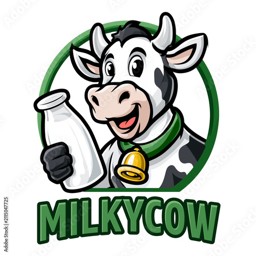 Cute smiling cow holding a glass bottle of fresh milk in a friendly mascot pose on transparent png background. Ai generated
