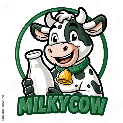  Friendly dairy cow mascot holding a milk carton with a welcoming smile on transparent png background. Ai generated