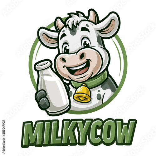  Cute dairy cow with rosy cheeks holding a glass of milk on transparent png background. Ai generated