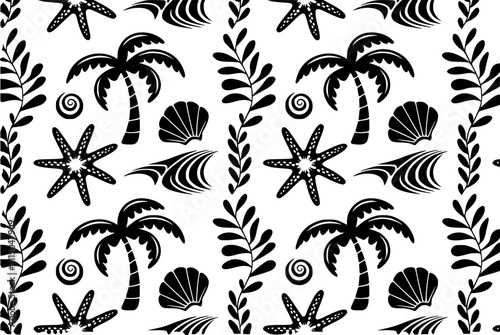 Quadro su tela Patrón tropical continuo con palmeras negras, estrellas de mar, conchas marinas