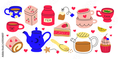 Set of flat hand drawn tea time icons isolated on white background. Minimalist kettle, tea pot, cups, cake slice, swiss roll, cupcake. Perfect for tea shop branding, packaging, cards, web design, etc.