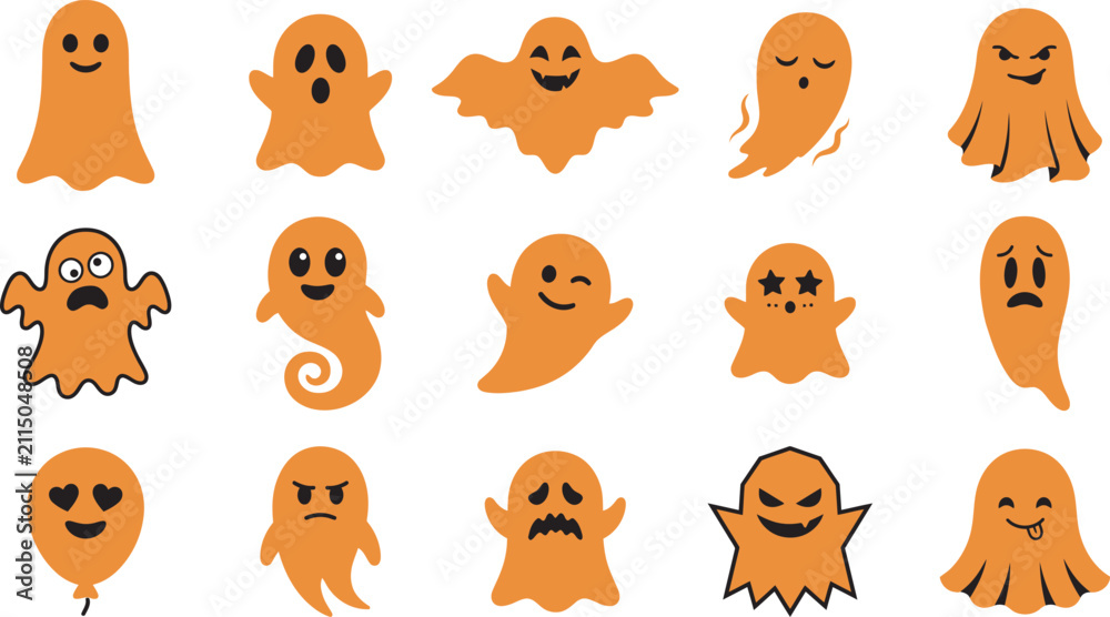 Fototapeta premium A collection of cute orange ghost characters with various funny facial expressions designed as stickers for a fun and spooky halloween celebration