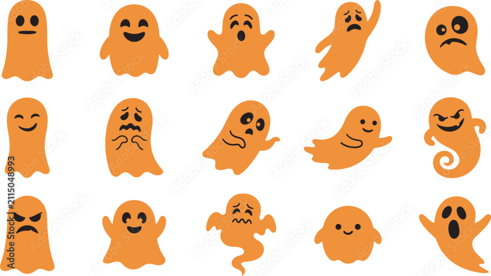 Fototapeta premium A collection of cute orange ghost characters with various funny expressions designed as stickers for a fun and spooky halloween party celebration