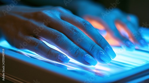 Woman's hands with blue polished nails under a glowing ultraviolet light, creating a modern and futuristic aesthetic for beauty and technology concepts