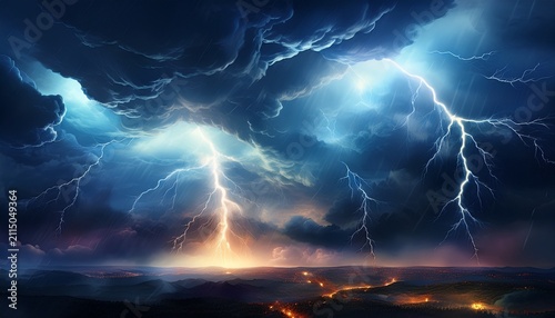 lightning bolts are illuminating a dramatic stormy sky full of dark clouds creating a powerful and intense atmosphere