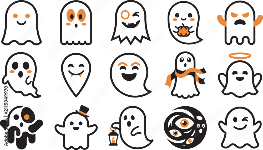 Fototapeta premium A collection of cute hand drawn ghost characters featuring various expressions and poses perfect for fun halloween party decorations and digital designs