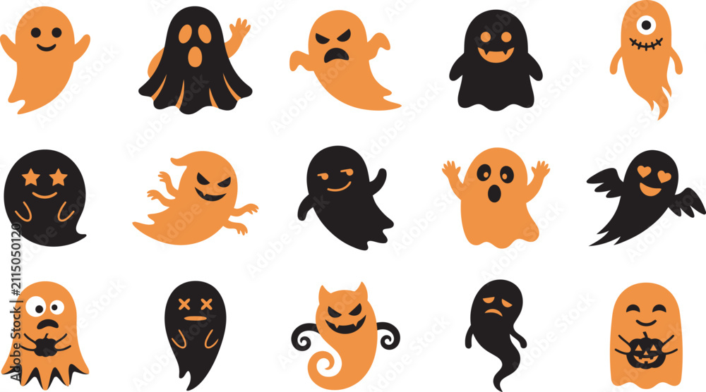 Fototapeta premium A collection of cute and spooky ghost stickers featuring various orange and black designs perfect for decorating during the festive halloween season