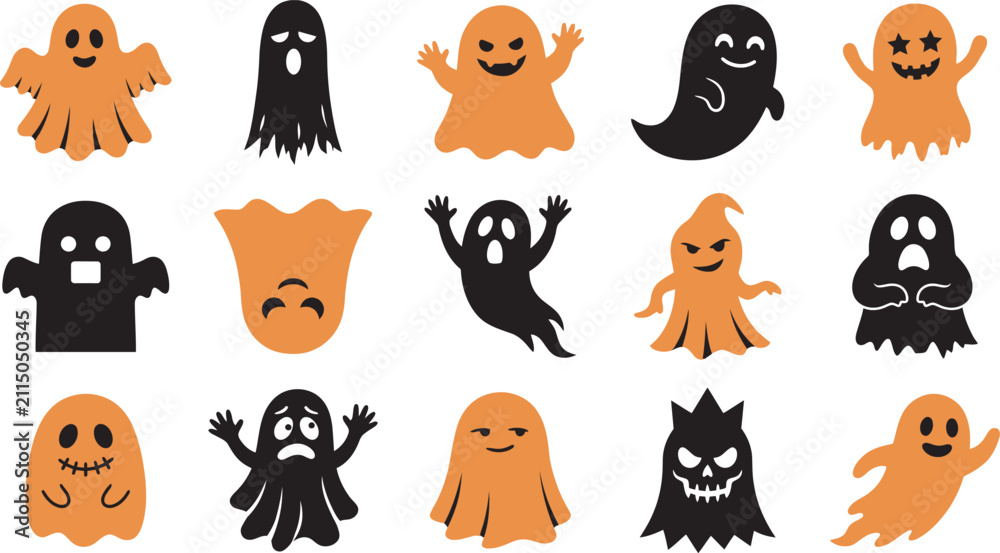 Fototapeta premium A collection of cute cartoon ghost stickers featuring orange and black colors perfect for decorating various items during the fun halloween season