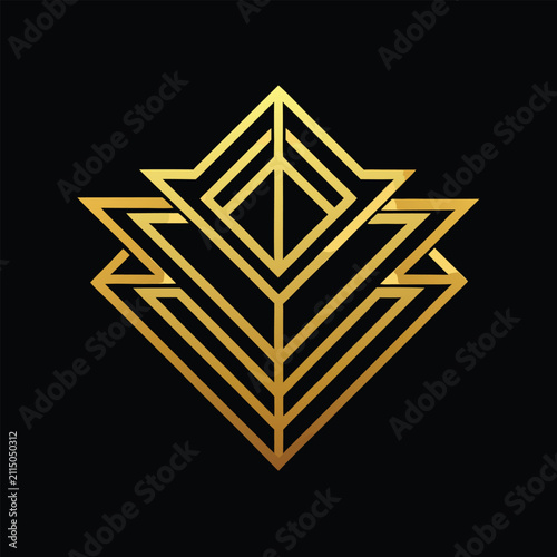 Symmetrical geometric golden emblem shape on black background with geometry abstract metallic symmetrical minimalist ornament decoration