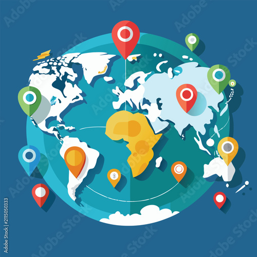 Worldwide map illustration with diverse geographic pin indicators location navigation international geography destination logistics