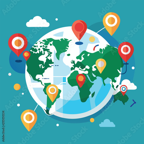 Global map concept with colorful location pins and world connectivity location navigation connectivity international business logistics