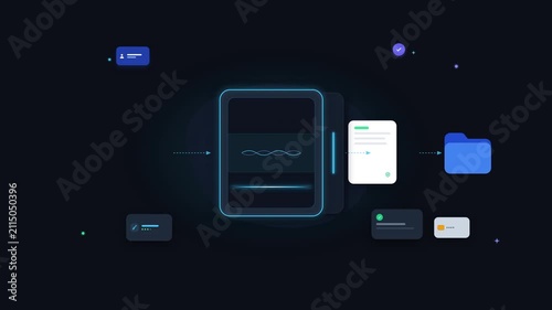 Identity Access Management IAM Interface Animation with Document Scanning and Encrypted Folder, Cyber Security Gateway and Document Verification Checkpoint