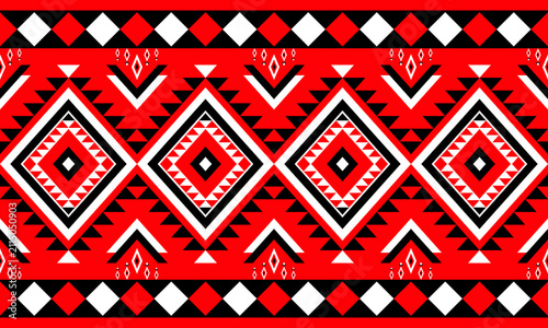 A seamless pattern featuring a simple Native ethnic design in red, black, and white.