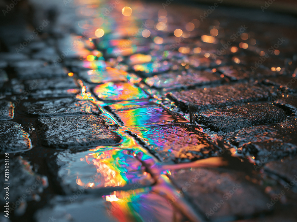 Fototapeta premium Rainbow reflection on wet cobblestone street after rain close-up with colorful shimmering droplets and moody lighting