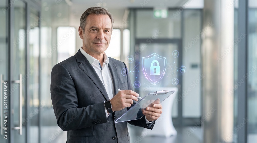Fototapeta premium Business Executive Reviewing Cybersecurity Compliance with Secure Data Protection Clipboard