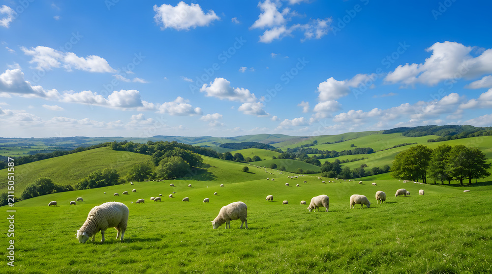 Fototapeta premium Sheep grazing on rolling green hills. Pastoral landscape with livestock in a sunny meadow.