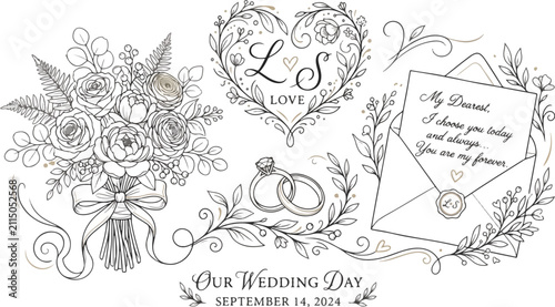 Elegant hand-drawn vector line art wedding design set featuring a floral bridal bouquet, romantic love letter envelope, interlocking wedding rings, and a botanical monogram heart wreath.