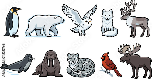Set of arctic and winter animals including penguin, polar bear, snowy owl, fox, reindeer, seal, walrus, leopard, and moose