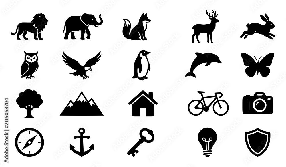 Obraz premium Black Animal and Object Silhouette Icon Set Minimal Vector Collection on White Background
